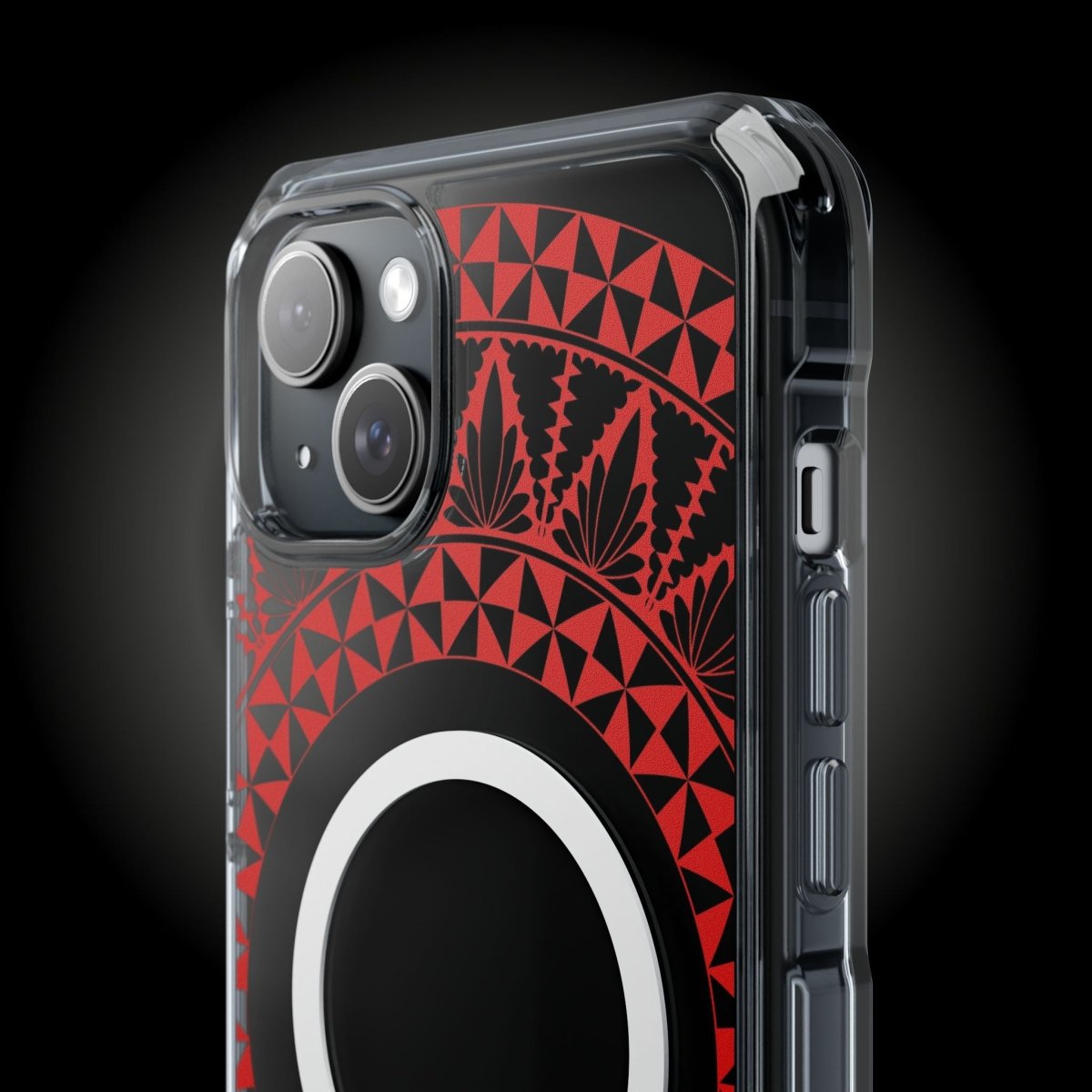 WOYC PasifikaOne MagSafe clear case for iPhone 16 with Tongan Redleaf design, showcasing transparent protective cover.