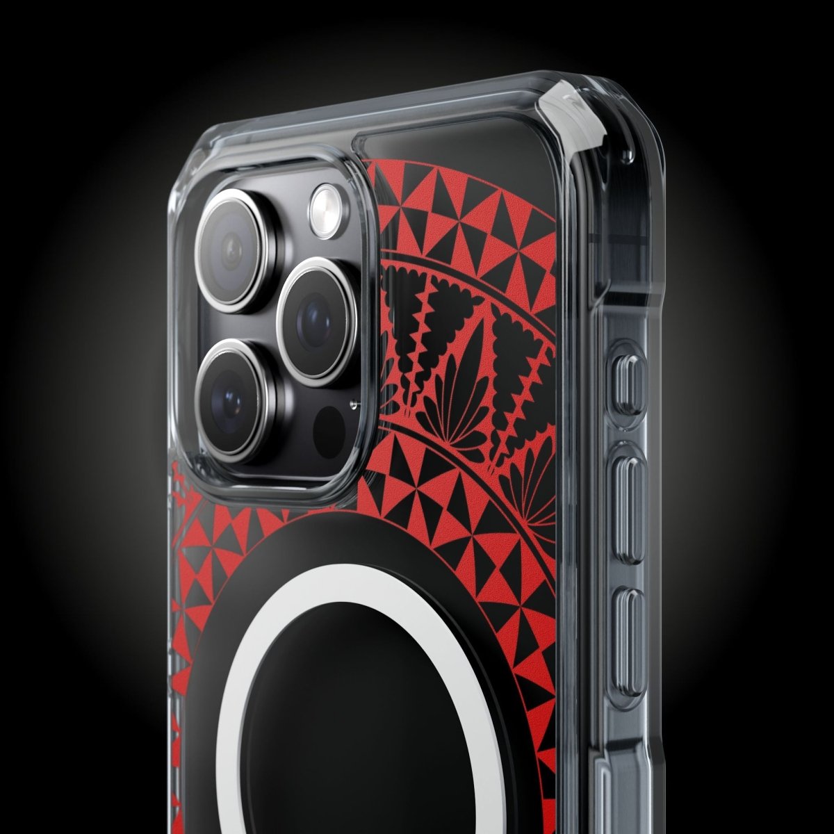 WOYC PasifikaOne MagSafe clear case for iPhone 16 with Tongan Redleaf design, transparent protective cover for MagSafe compatibility.