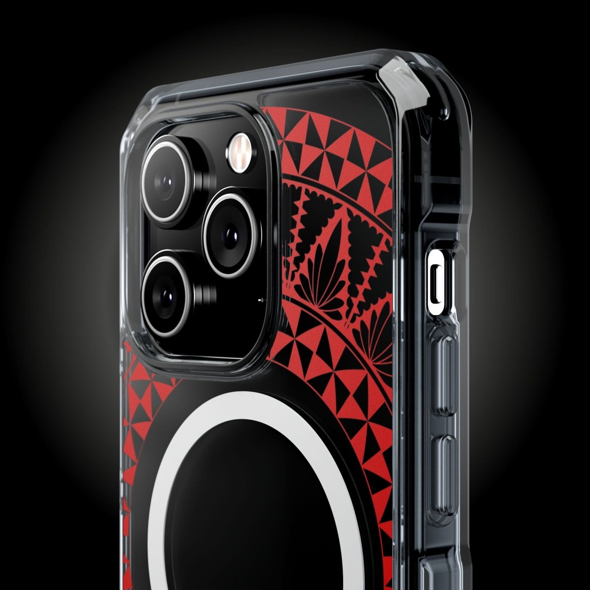 WOYC PasifikaOne MagSafe clear case for iPhone 16, featuring Tongan Redleaf design, protective transparent MagSafe compatible case.