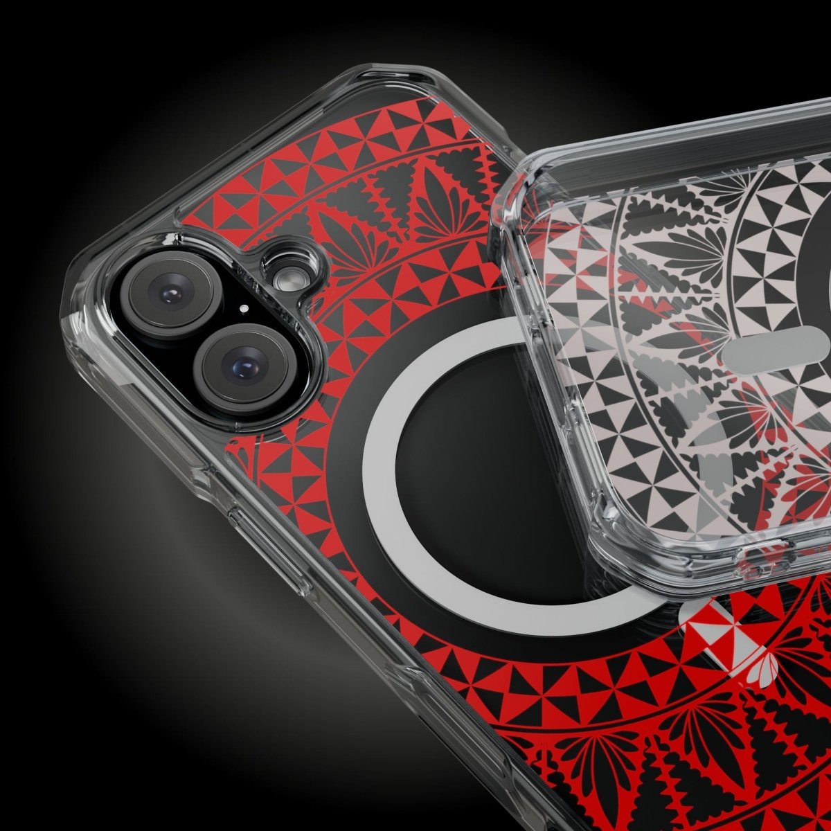 WOYC PasifikaOne MagSafe clear case for iPhone 16 with Tongan Redleaf design, showcasing a transparent protective cover.