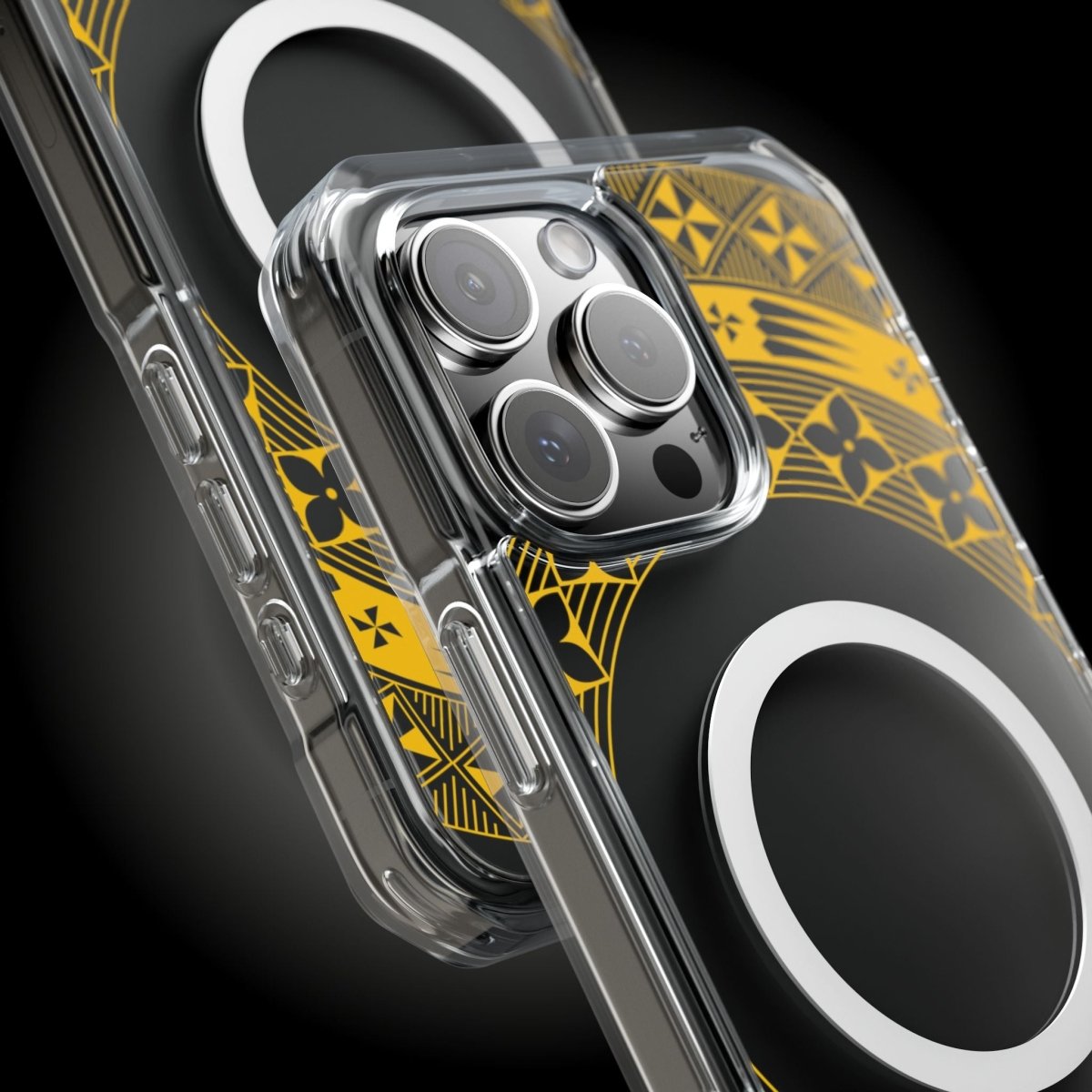 PasifikaOne MagSafe clear case for iPhone 16 in Tongan Yellow, showcasing the transparent design and MagSafe compatibility.