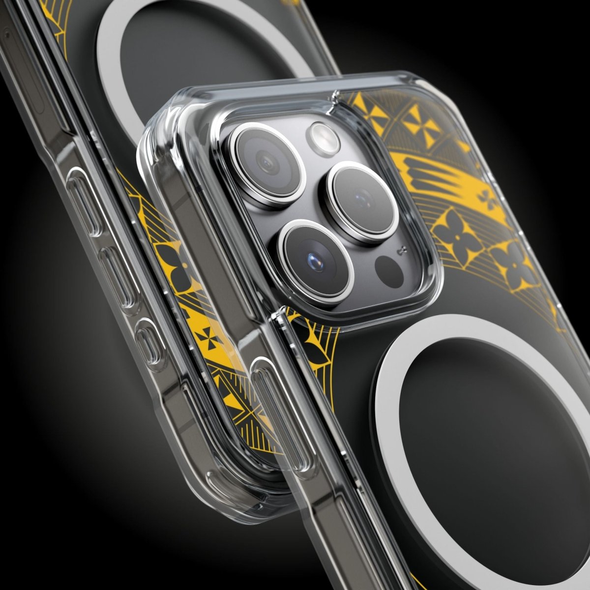WOYC PasifikaOne MagSafe clear case for iPhone 16 in Tongan Yellow, showcasing a transparent design with vibrant yellow accents