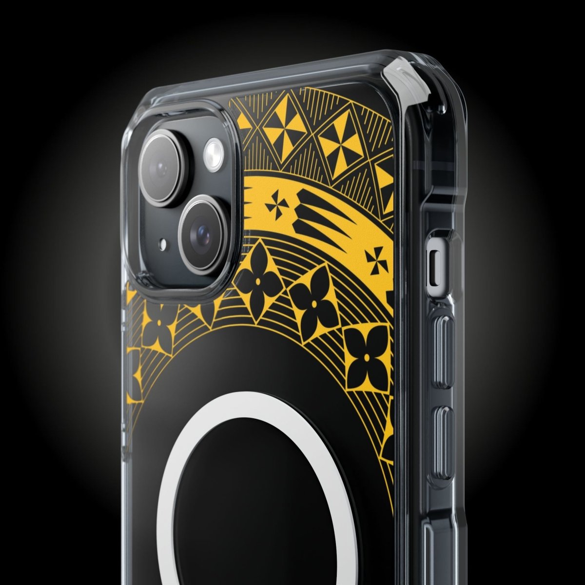 WOYC PasifikaOne MagSafe clear case for iPhone 16 in Tongan Yellow, showcasing a transparent design with vibrant yellow accents.