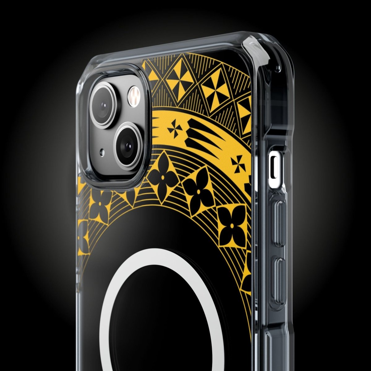 WOYC PasifikaOne MagSafe clear iPhone case in Tongan Yellow for iPhone 16, showing transparent design with yellow accents.