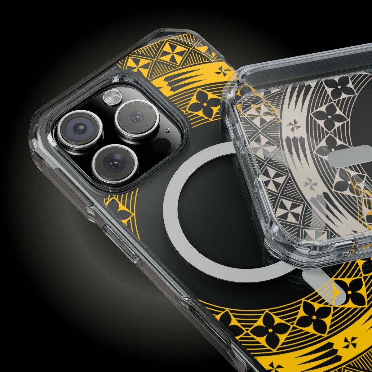 WOYC PasifikaOne MagSafe clear case for iPhone 16 in Tongan Yellow, showcasing transparent design with yellow accents.