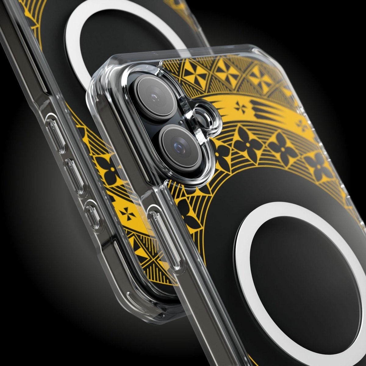 WOYC PasifikaOne MagSafe clear case for iPhone 16 in Tongan Yellow, showcasing transparent design and magnetic attachment.