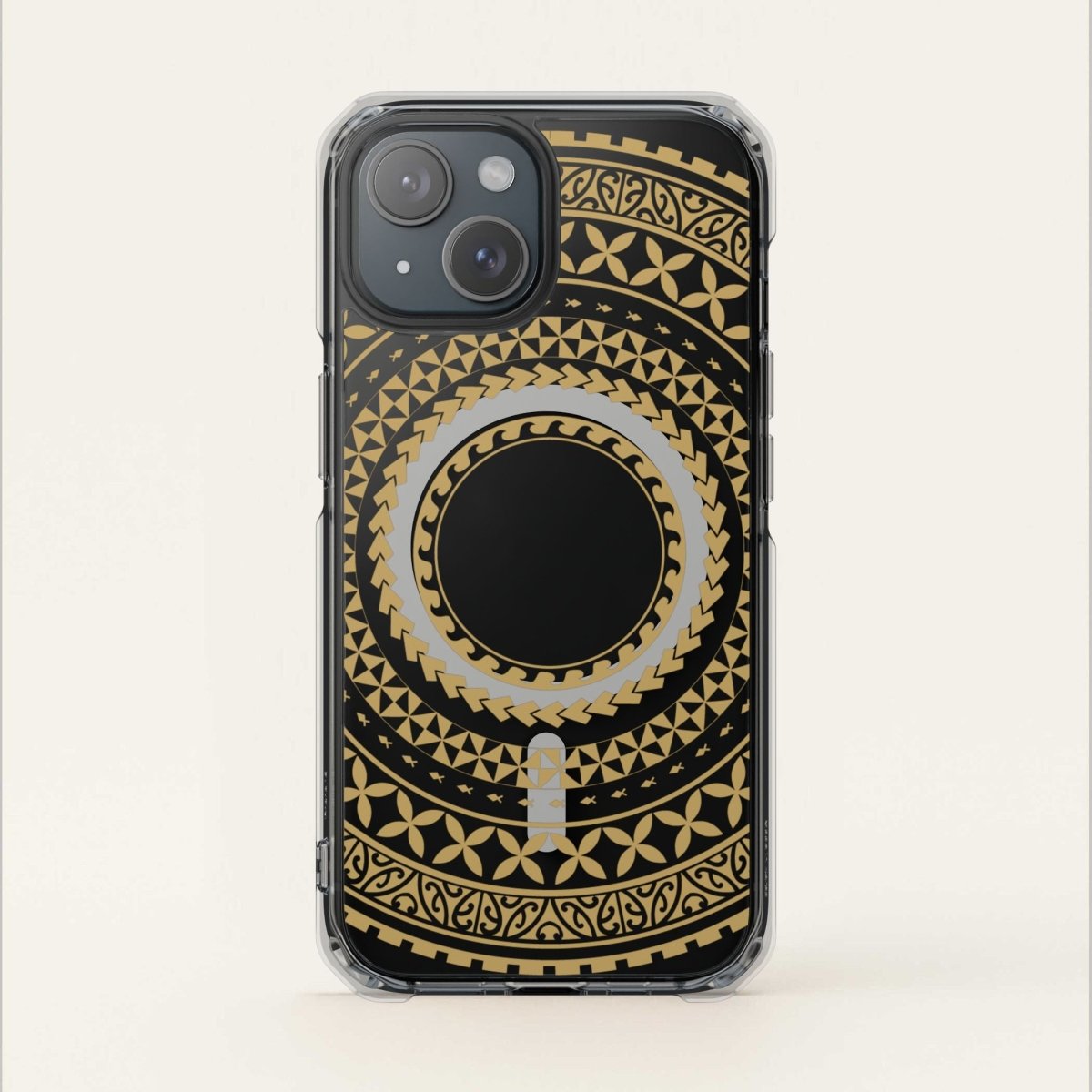 PasifikaOne MagSafe clear case for iPhone 16 in United Gold, showing the transparent design and gold accents.