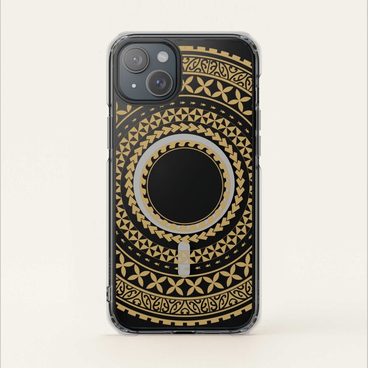 PasifikaOne MagSafe clear case for iPhone 16 in United Gold, showcasing a slim, transparent design with gold accents.