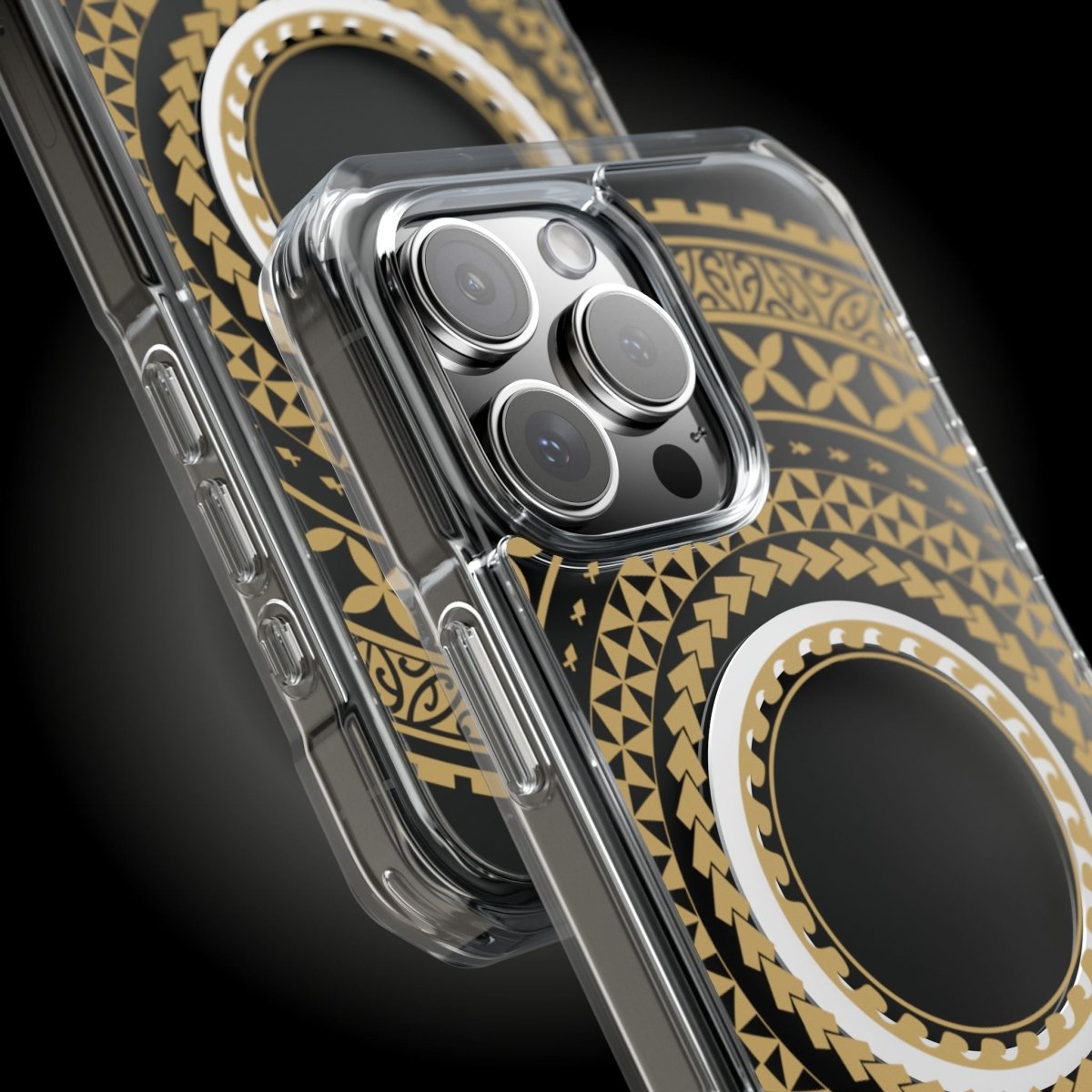 PasifikaOne MagSafe clear case for iPhone 16 in United Gold, showing the transparent design and gold accents.