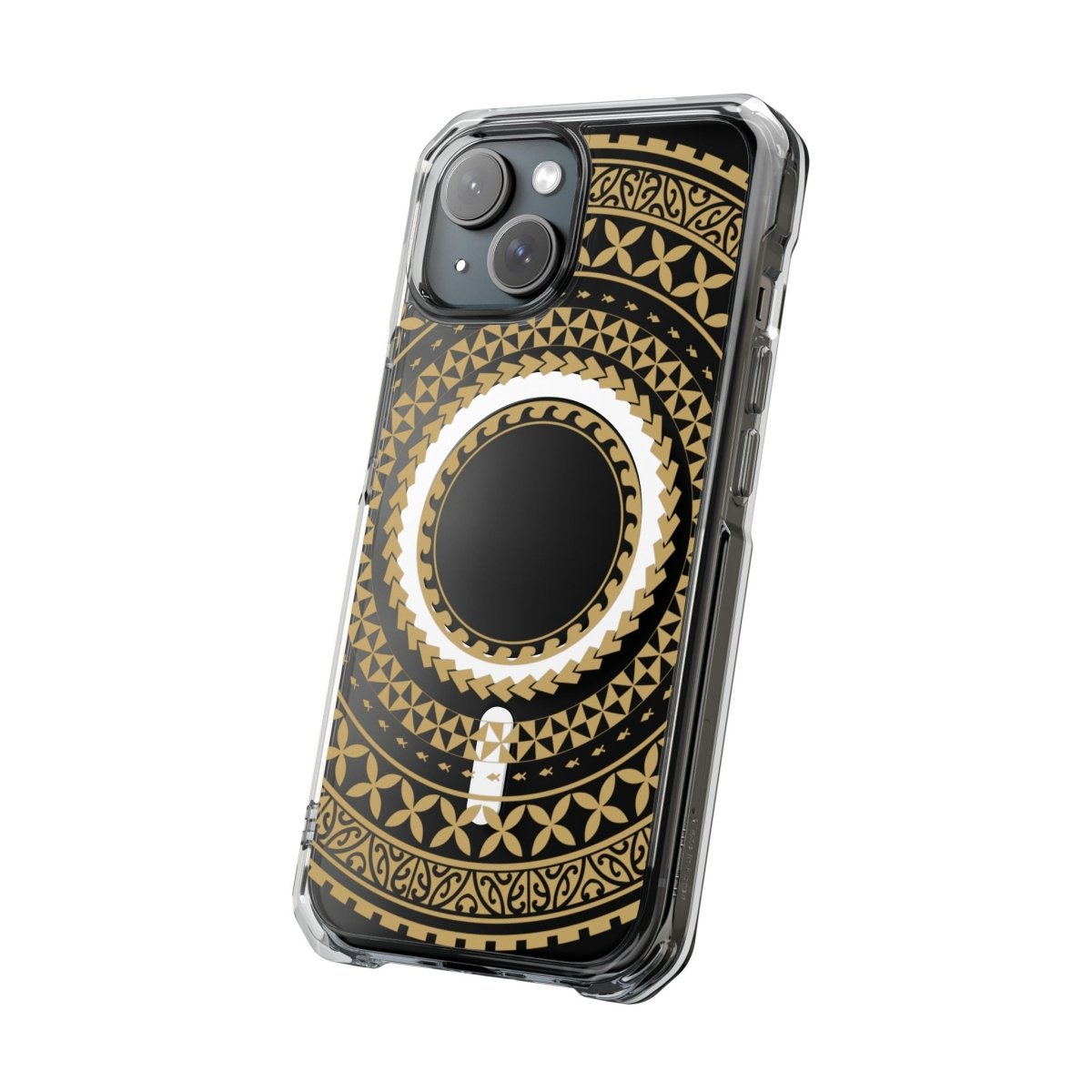 PasifikaOne MagSafe clear case for iPhone 16 in United Gold, transparent design showcasing the phone's back and gold accents.