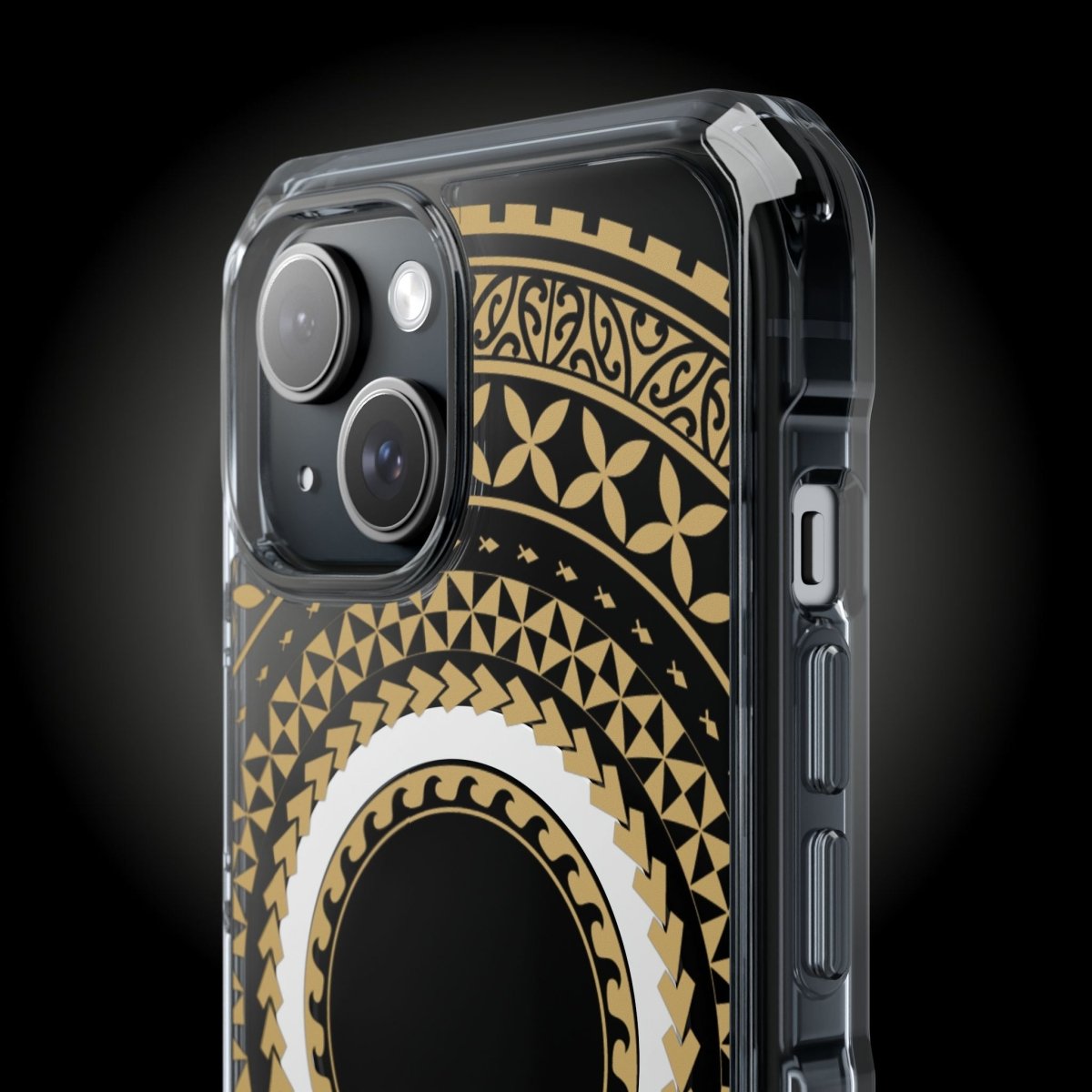 PasifikaOne MagSafe clear case for iPhone 16 in United Gold, showcasing sleek transparent design with gold accents.