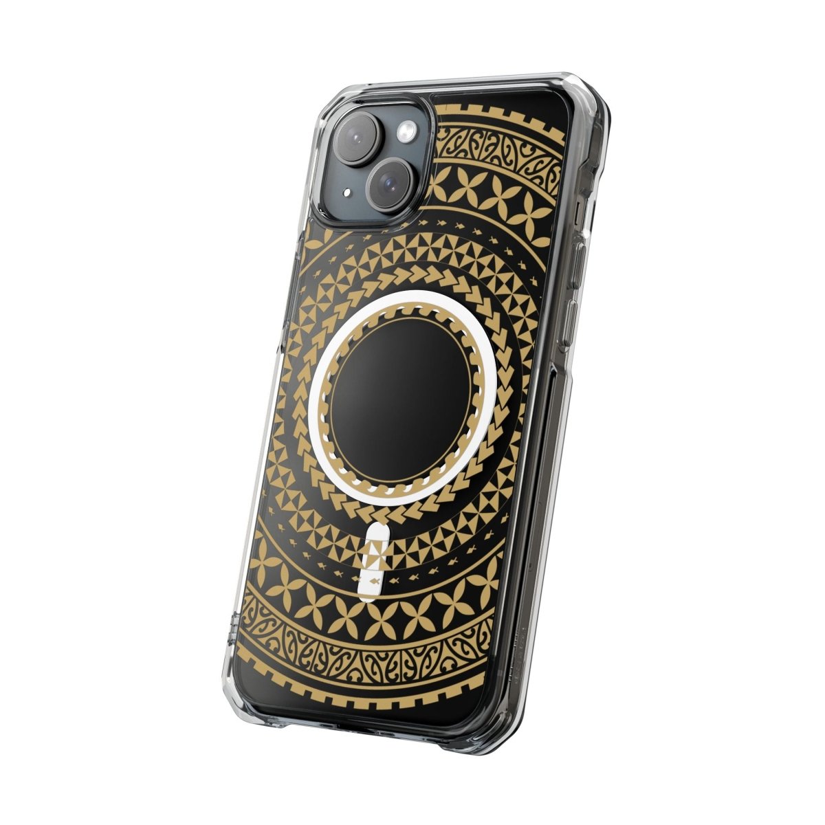 PasifikaOne MagSafe clear case for iPhone 16 in United Gold, showcasing slim, transparent design with gold accents.