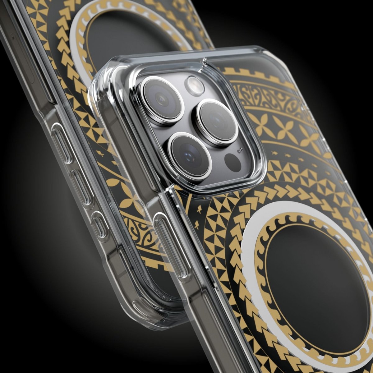 PasifikaOne MagSafe clear case for iPhone 16 in United Gold showing the transparent design and gold accents.