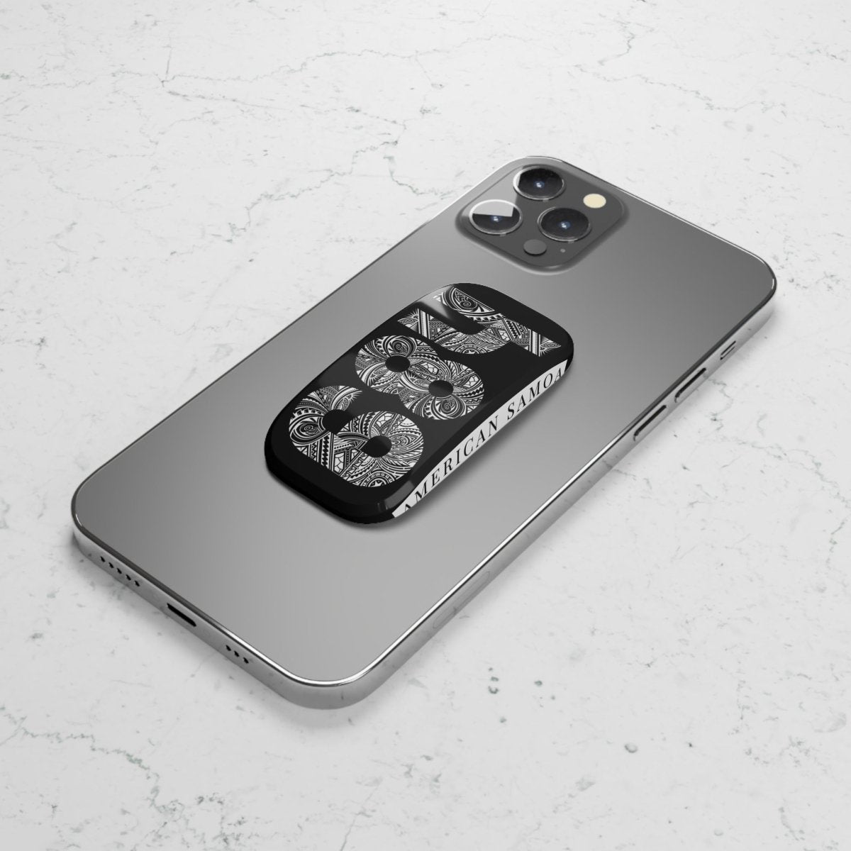 Glossy white Grip Stand for phones, featuring American Samoa design, compatible with AU, NZ, and USA devices.