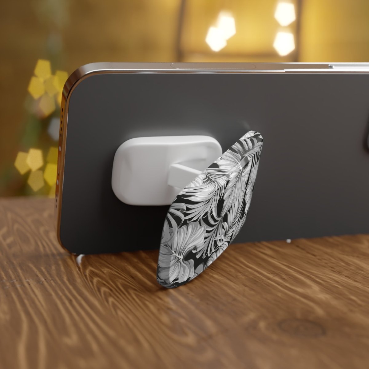 White glossy WOYC Falealili phone grip stand, versatile and secure for AU, NZ, and USA models, shown in close-up detail.