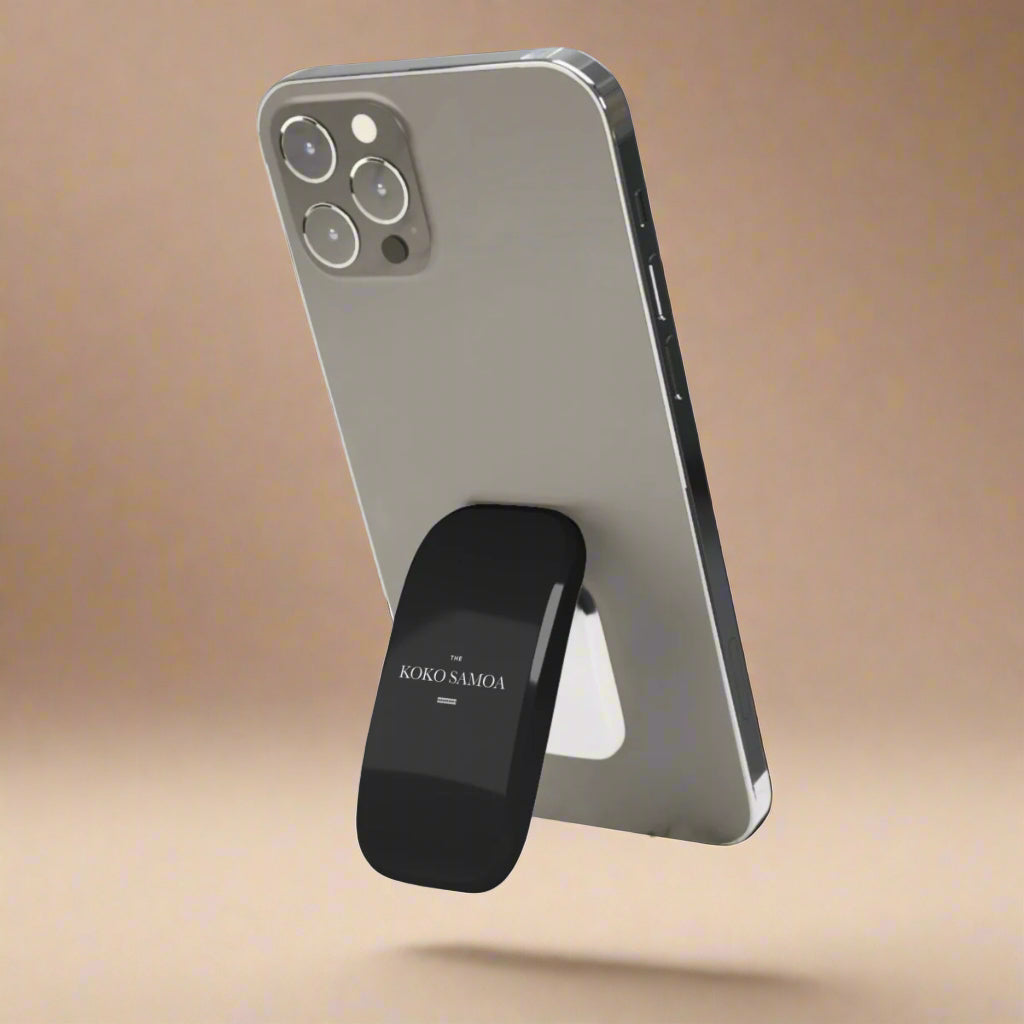 White glossy WOYC The Brand Classic phone grip stand, versatile and lightweight for secure phone handling in AU, NZ, and USA.