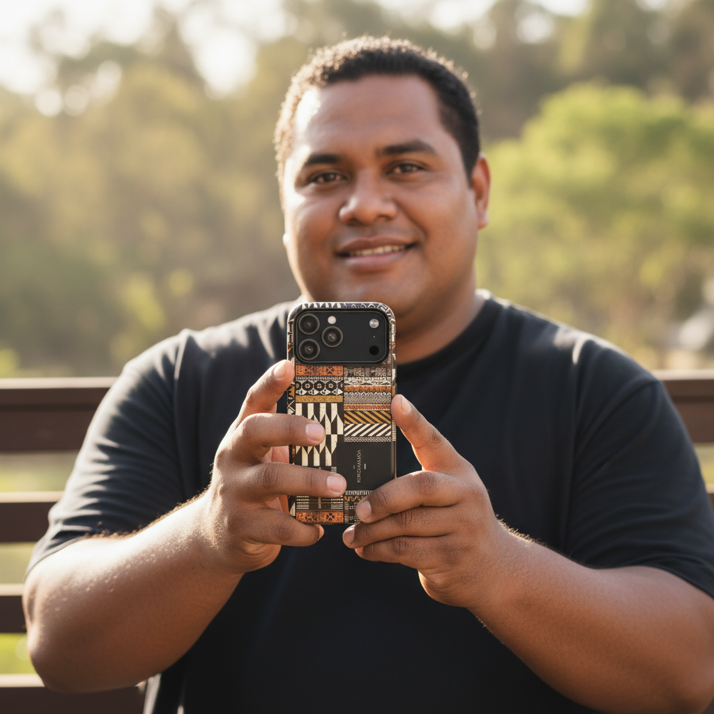 WOYC Tough Phone Case for iPhone 17 featuring Apia Mosaic design, glossy finish, protective and durable for AU, NZ, and USA regions.