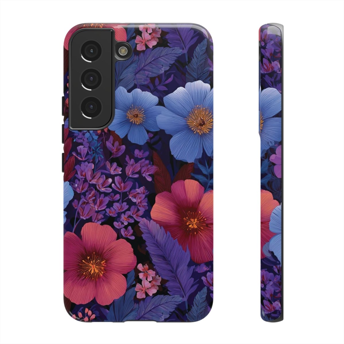 Samsung Galaxy S25 tough phone case by WOYC in Lavender Tropics design, glossy finish, durable protective cover.