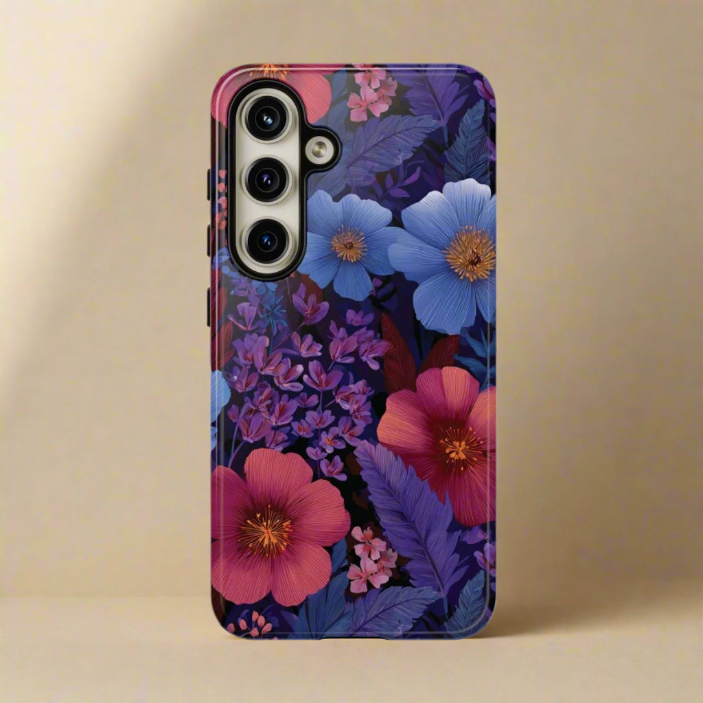 Samsung Galaxy S25 tough phone case by WOYC in Lavender Tropics design, glossy finish, durable protective cover for AU, NZ, and USA.